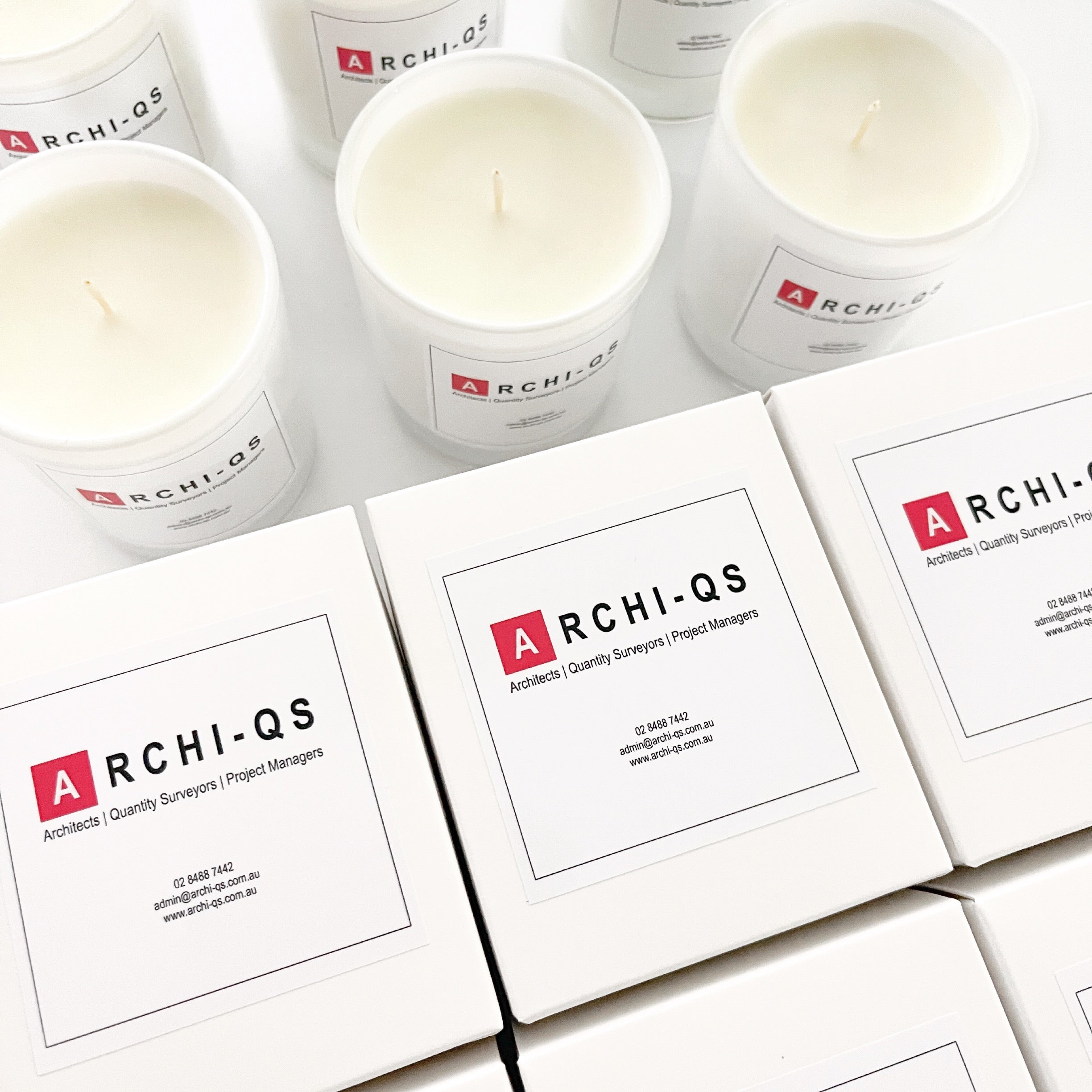 Archi-QS Rose Bay Property Surveyors. Business Branded Candles Made In Melbourne By Lovr Designs. Medium Size Business Logo Candles. Branded Gifts.