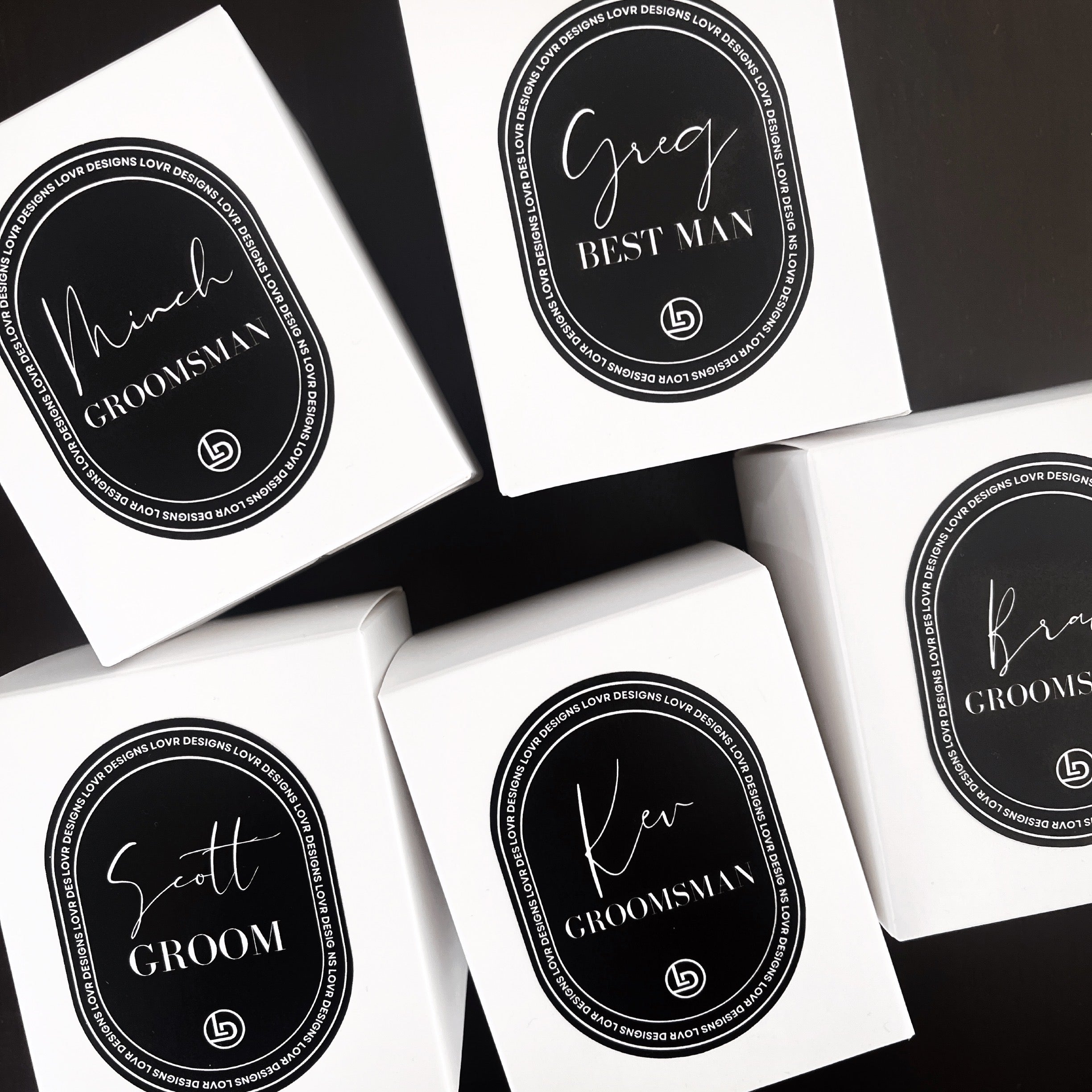 Personalised Bridal Candles With Name For The Bride And Groom. Customised Bride and Groom Candles Hand Made in Melbourne by Lovr Designs. Sophisticated Wedding Candles. Monochrome Personalised Candles for Engagements.