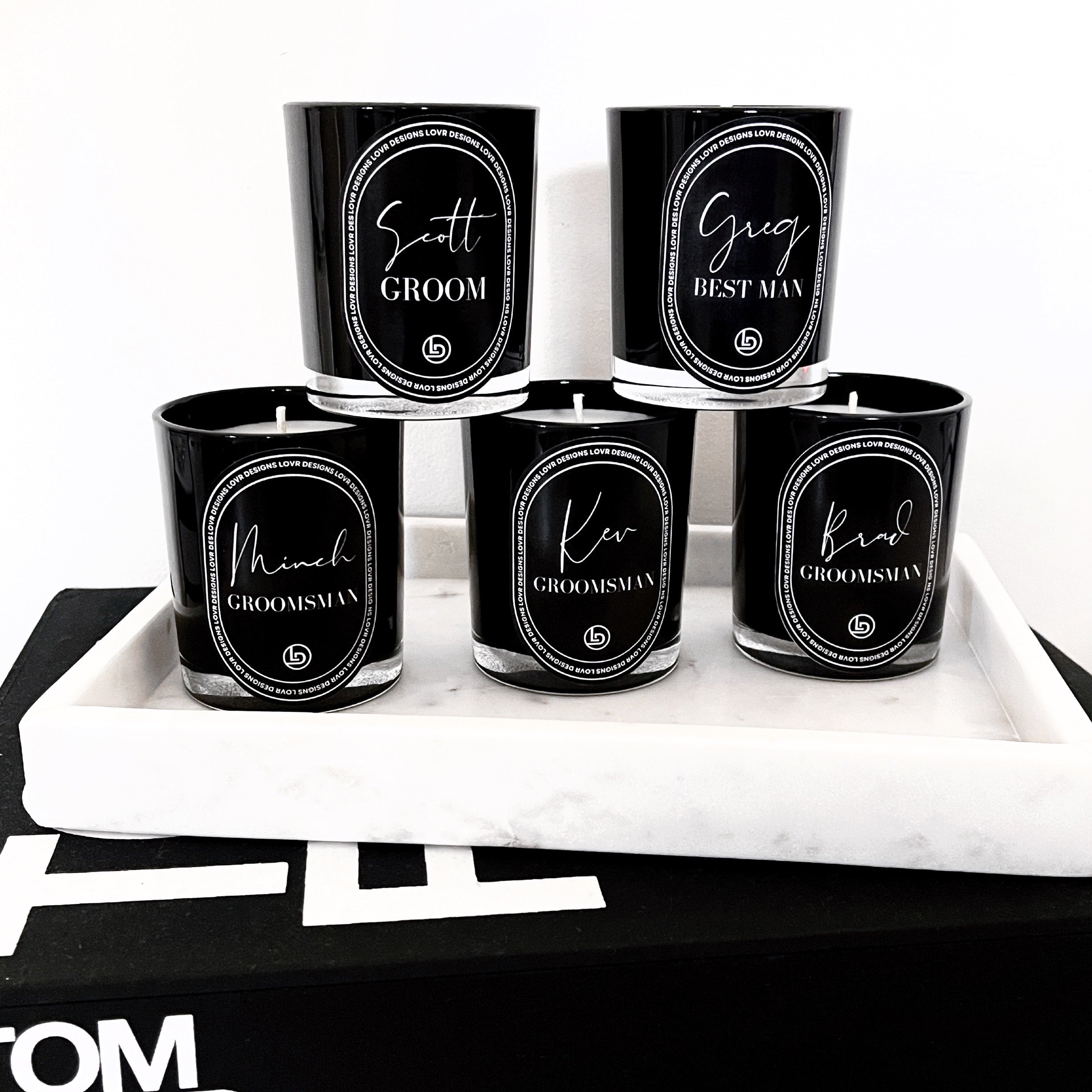 Groomsman Gifts Melbourne. Personalised Bridal Candles With Name For The Bride And Groom. Customised Bride and Groom Candles Hand Made in Melbourne by Lovr Designs. Sophisticated Wedding Candles. Black Mens Candles for Bridal Party Gifts With A Quick Turnaround Time.