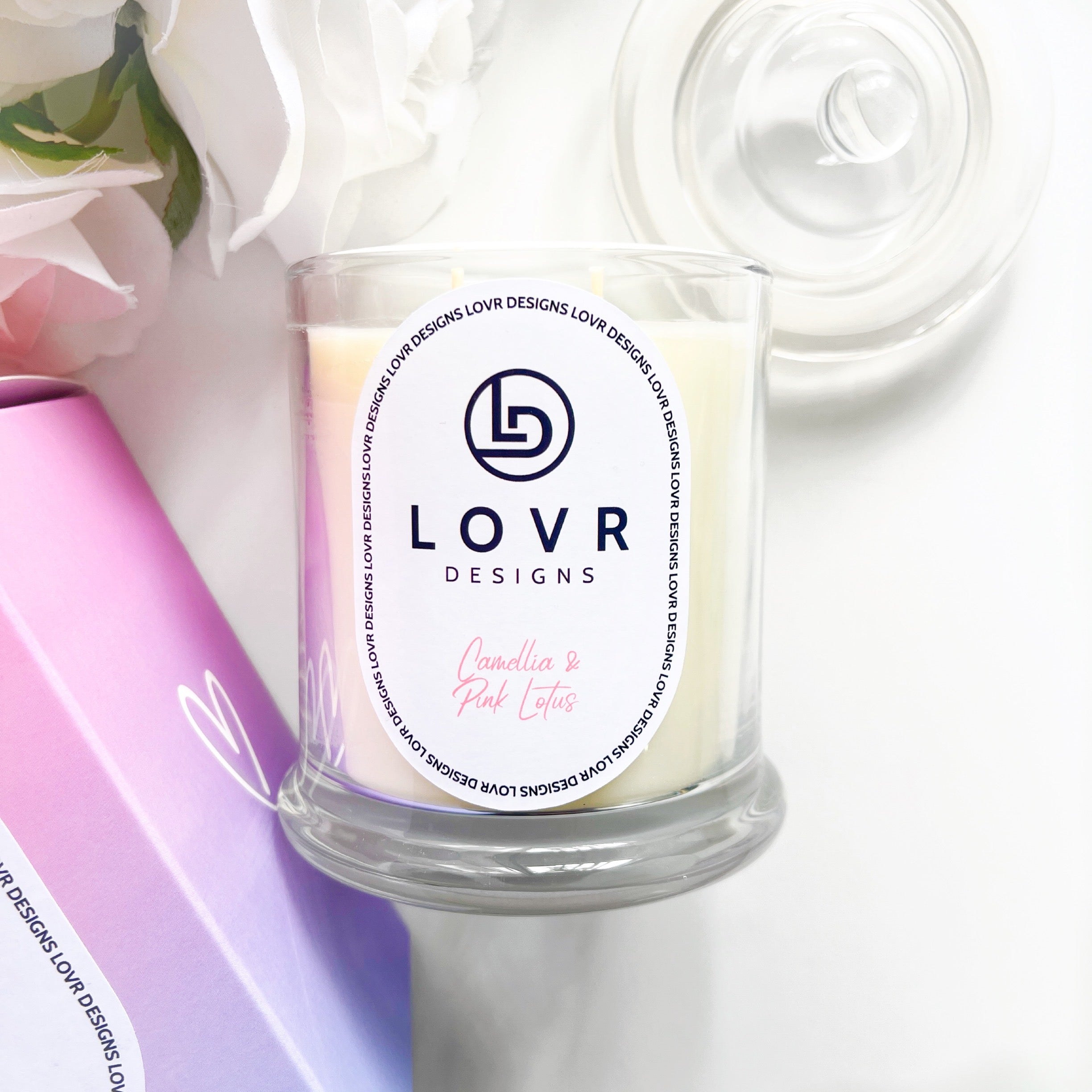 Camellia & Pink Lotus Scented Soy Wax Candle. Lovr Designs. Melbourne Candles. Hand Poured in Melbourne. A Fragrance Such As Camellia And Pink Lotus Is A Sensual Floral Blend Of Pink Lotus And Camellia Encircled By Lemon, Amber And White Musk. Extra Large Candle. Huge Scented Candle.