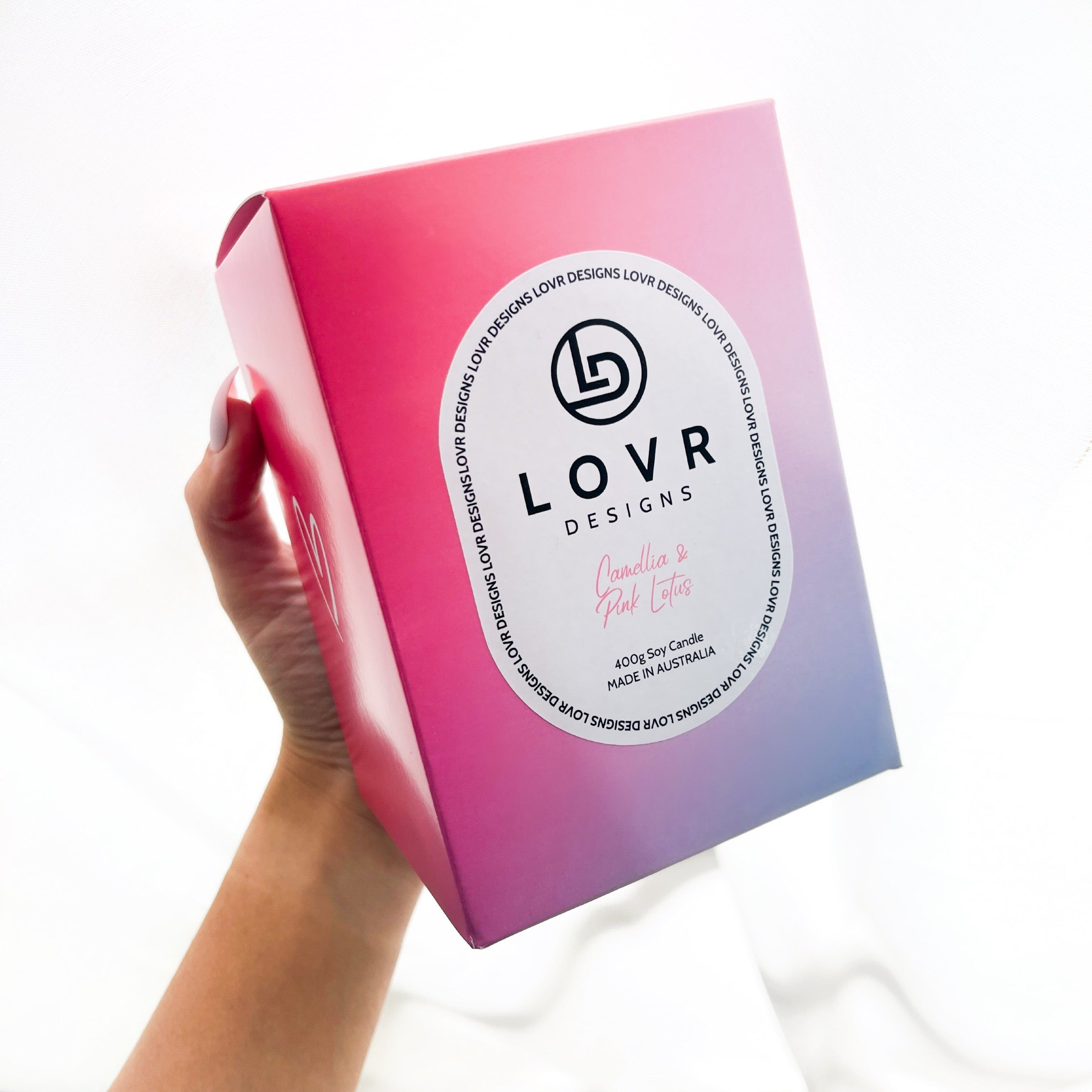 Camellia & Pink Lotus Scented Soy Wax Candle. Lovr Designs. Melbourne Candles. Hand Poured in Melbourne. A Fragrance Such As Camellia And Pink Lotus Is A Sensual Floral Blend Of Pink Lotus And Camellia Encircled By Lemon, Amber And White Musk. Extra Large Candle. Huge Scented Candle.