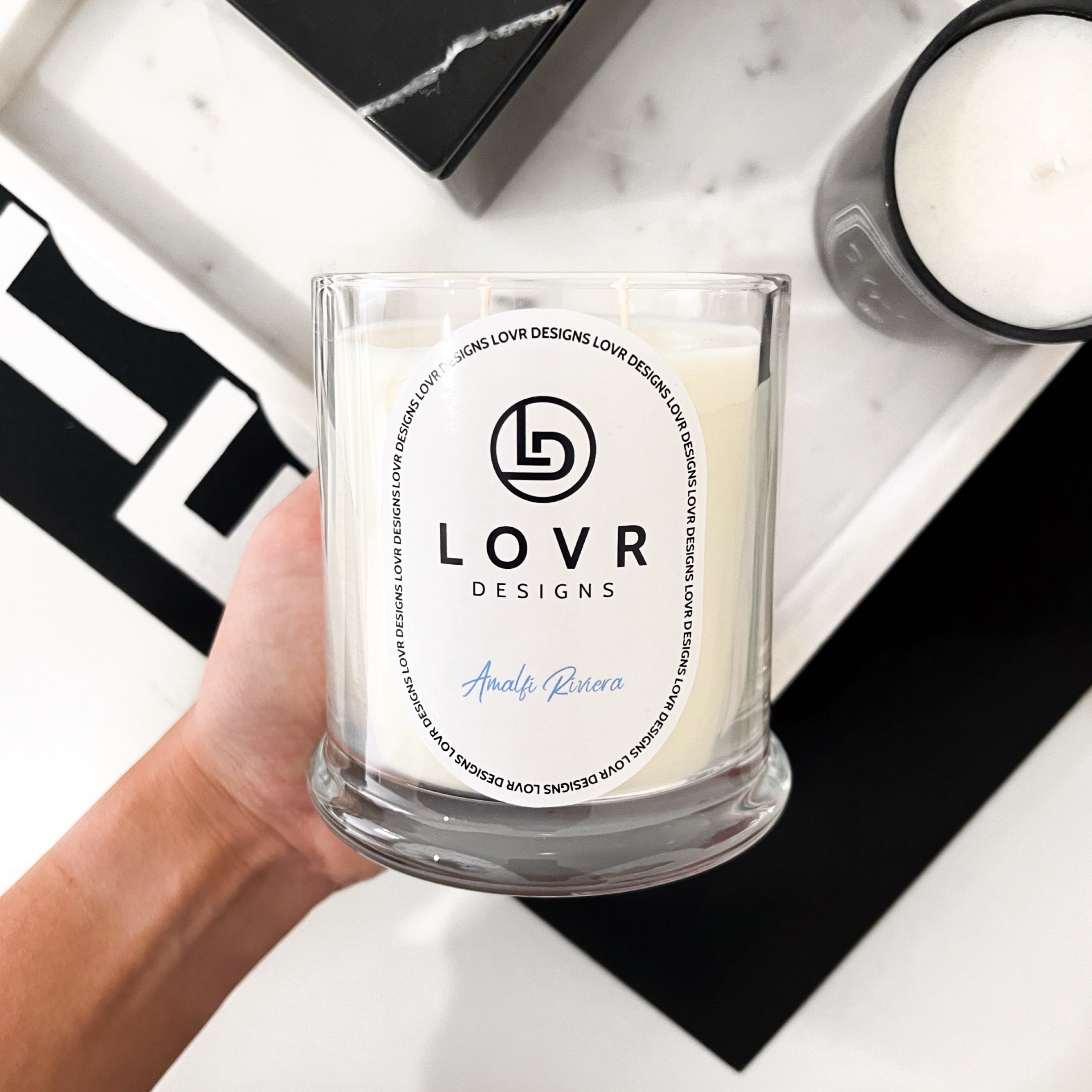 Amalfi Riviera Scented Soy Wax Candle. Lovr Designs. Melbourne Candles. Hand Poured in Melbourne. A Fragrance Of The Amalfi Coast In Italy Will Take You Back To Europe. Extra Large Candle. Huge Scented Candle.