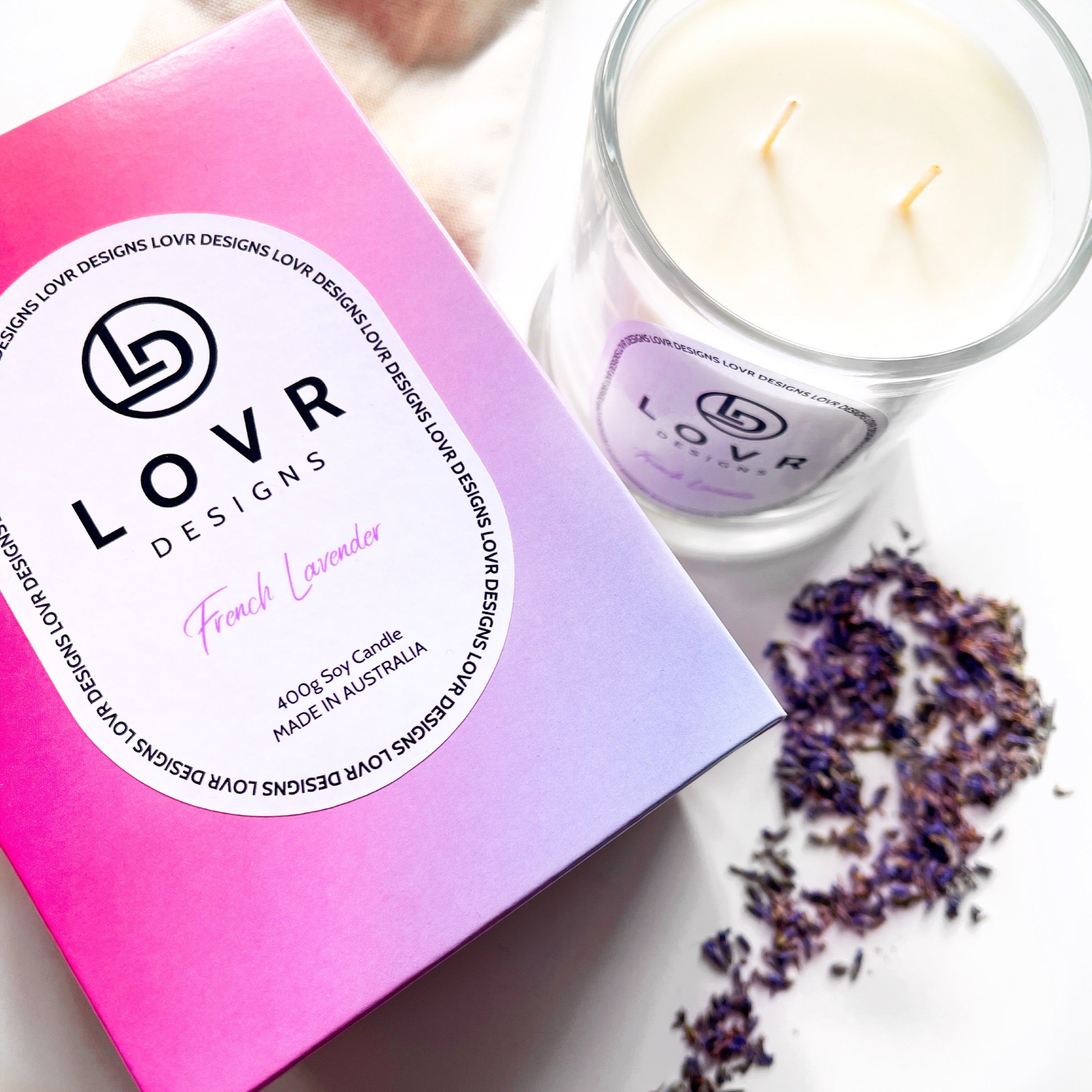 French Lavender Scented Soy Wax Candle. Lovr Designs. Melbourne Candles. Hand Poured in Melbourne. A Fragrance That Reminds You Of The Lavender Fields That Can Assist With Sleep And Relaxation. Extra Large Candle. Huge Scented Candle.