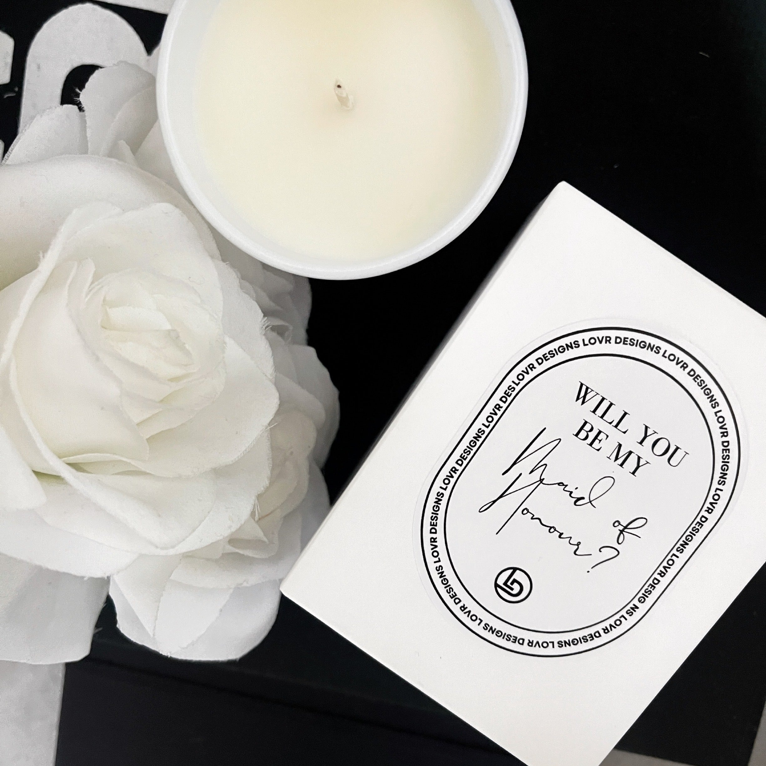 Personalised Will You Be My Bridesmaid Proposal Candle - Made in Melbourne by Lovr Designs. Available in a number of sizes, colours and candle fragrances choices to choose from. Completed in a luxury gift box that is sure to impress as the perfect Bridal Proposal Gift.