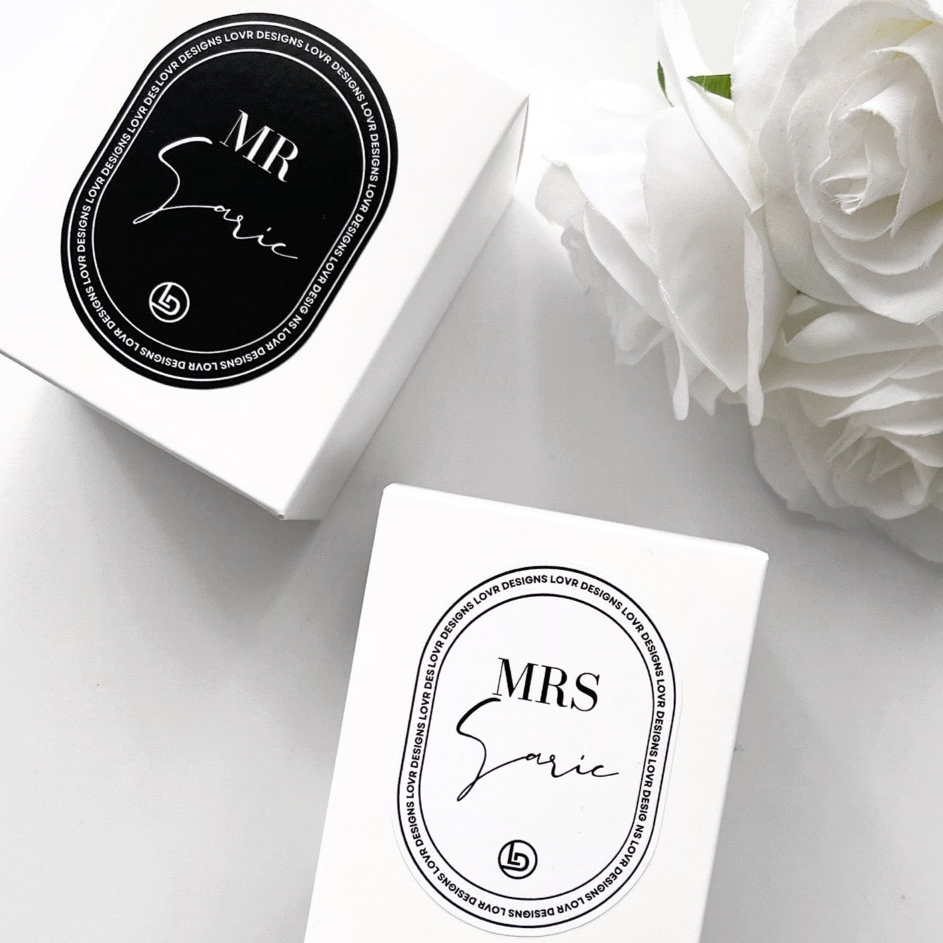 Personalised Mr & Mrs Candles. A Great Wedding Gift Idea - Made in Melbourne by Lovr Designs. Available in a number of sizes, colours and candle fragrances choices to choose from. Completed in a luxury gift box that is sure to impress as the perfect Bridal Proposal Gift. Complete with a Personalised Name, Text, or Proposal the choices are endless!