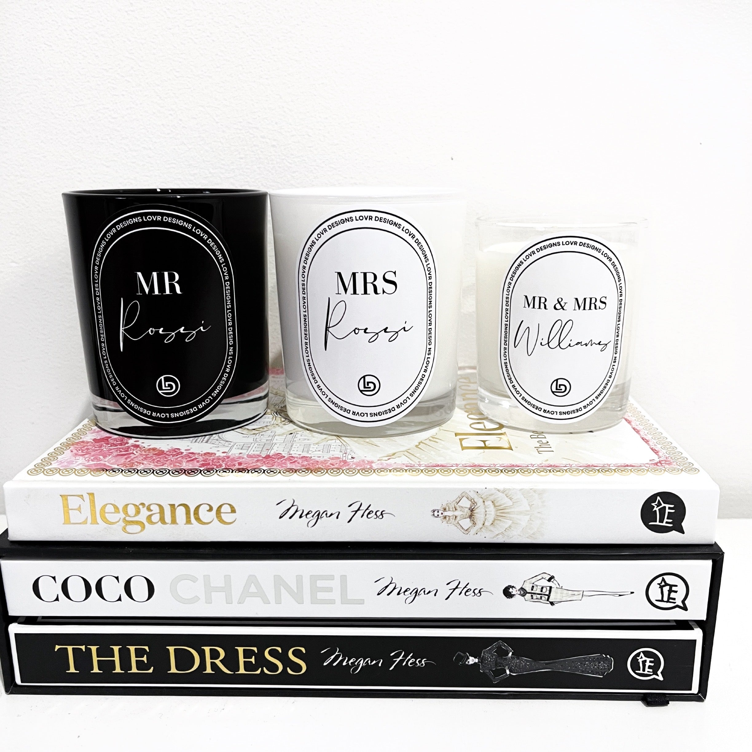 Custom Mr and Mrs Candle. A Great Wedding Gift Idea - Made in Melbourne by Lovr Designs. Available in a number of sizes, colours and candle fragrances choices to choose from. Completed in a luxury gift box that is sure to impress as the perfect Bridal Proposal Gift. Complete with a Personalised Name, Text, or Proposal the choices are endless!