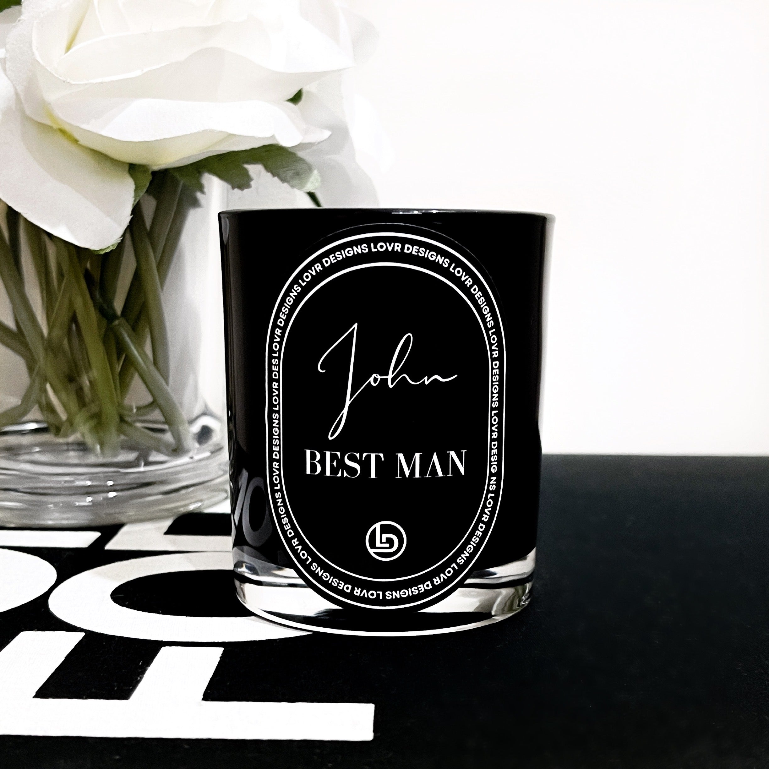 Personalised Bridal Candles With Name For The Bridesmaid And Groomsman. Customised Bride and Groom Candles Hand Made in Melbourne by Lovr Designs. Sophisticated Engagement Candles for Weddings. Fast Turnaround Time.