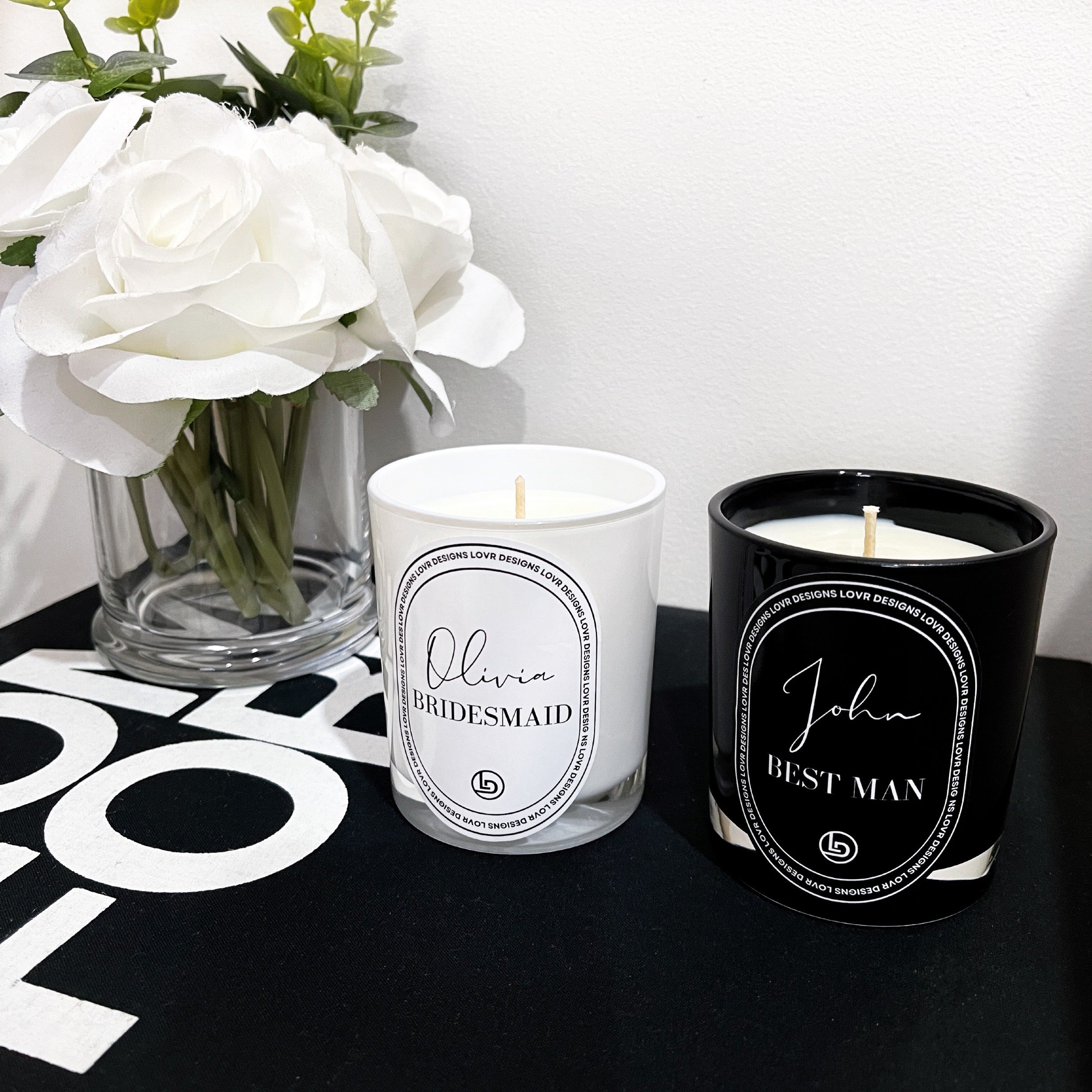 Personalised Bridal Candles With Name For The Bride And Groom. Customised Bride and Groom Candles Hand Made in Melbourne by Lovr Designs. Sophisticated Engagement Candles for Weddings. Fast Turnaround Time.