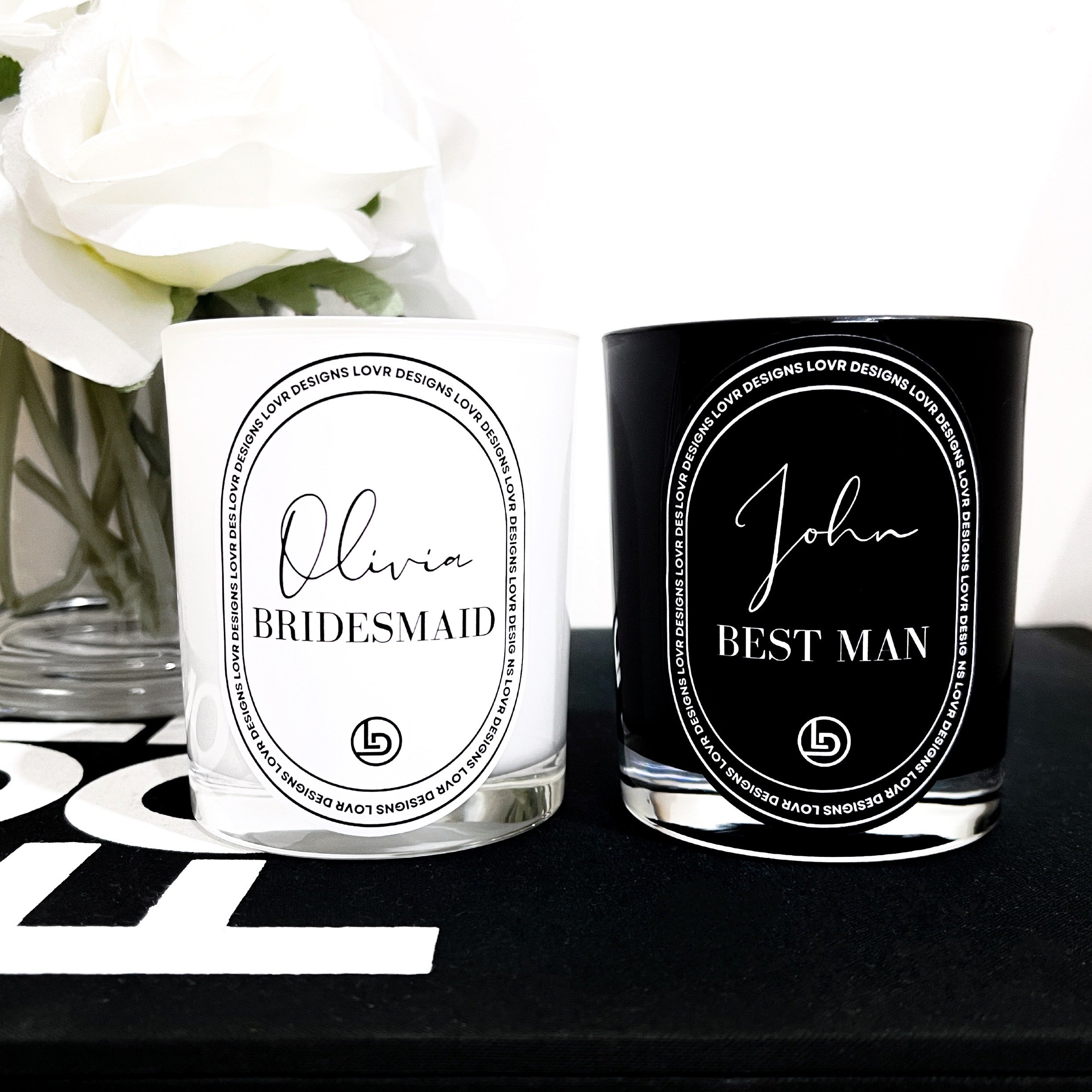 Personalised Bridal Candles With Name For The Bride And Groom. Customised Bride and Groom Candles Hand Made in Melbourne by Lovr Designs. Sophisticated Wedding Candles. Black and White Bridesmaid Candles With Personalised Name Quick Delivery