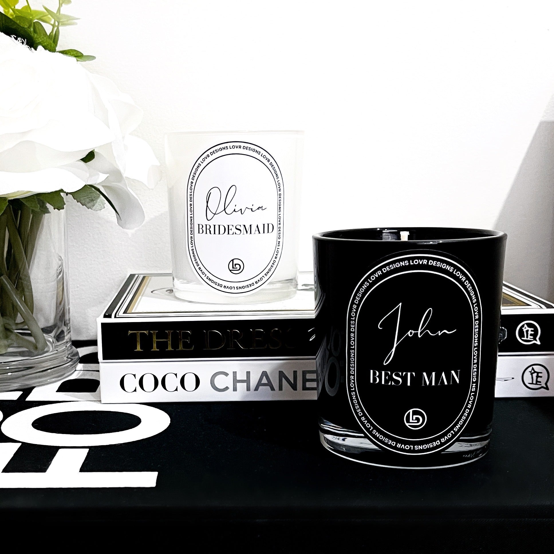 Bridesmaid and Best Man Candles. Personalised Bridal Candles With Name For The Bride And Groom. Customised Bride and Groom Candles Hand Made in Melbourne by Lovr Designs. Sophisticated Wedding Candles.