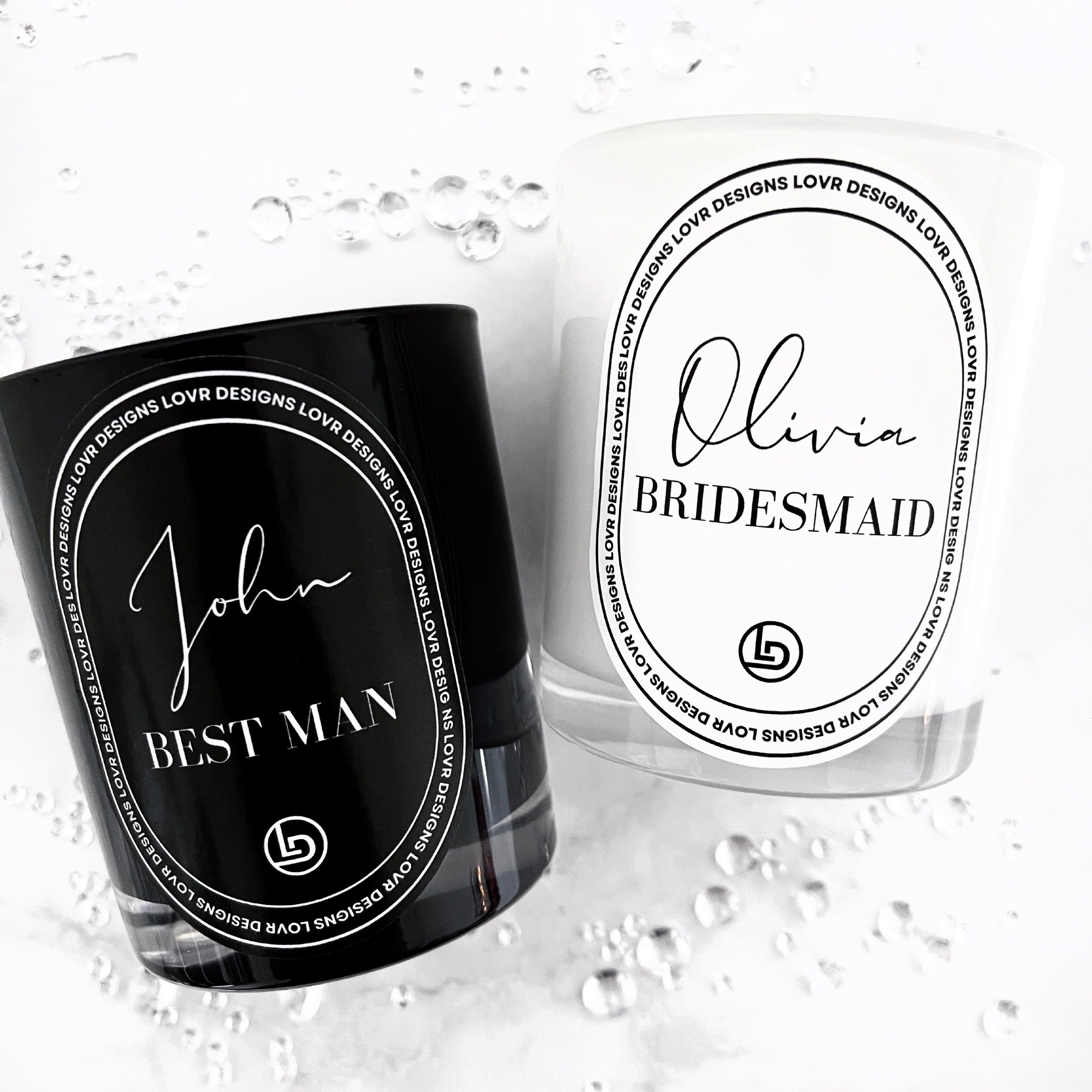 Personalised Bridal Candles With Name For The Bride And Groom. Customised Bride and Groom Candles Hand Made in Melbourne by Lovr Designs. Sophisticated Wedding Candles. Monochrome Best Man and Maid of Honour Candles. 